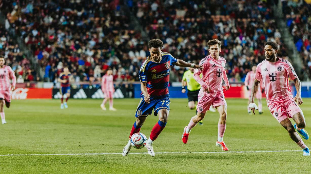 Real Salt Lake's Zavier Gozo takes a shot during an MLS match with Inter Miami CF, Wednesday, April 22, 2026 in Sandy, Utah.