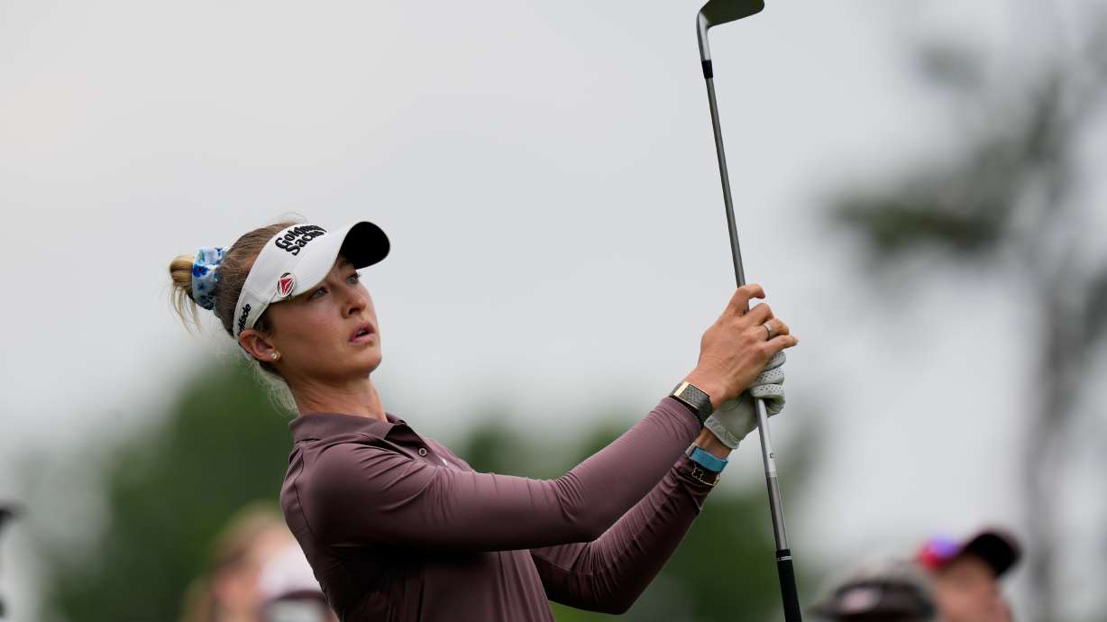 Nelly Korda watches her tee shot on the ninth hole during the second round of the Chevron Championship LPGA golf tournament Friday, April 24, 2026, in Houston.