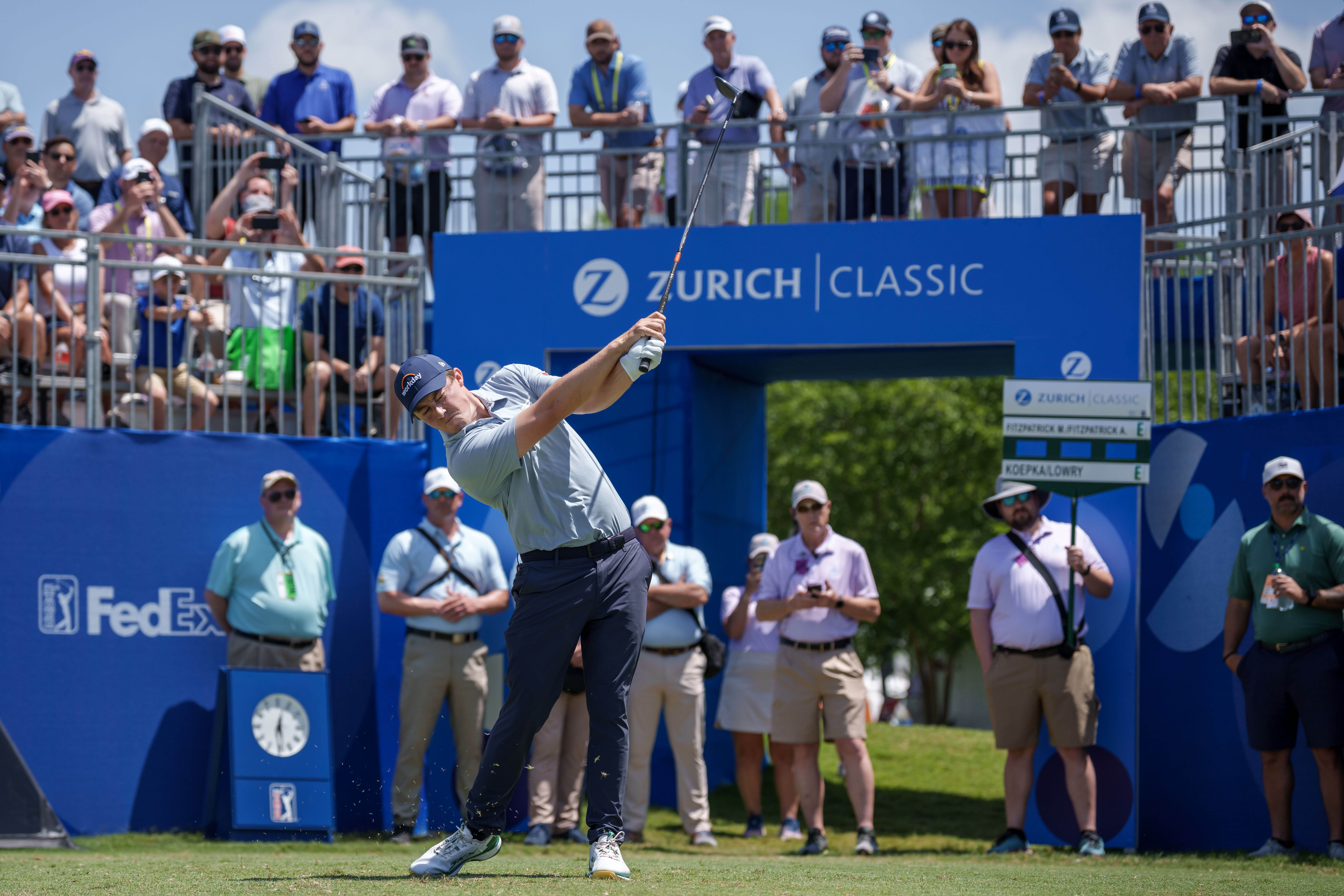 Matt Fitzpatrick, of England, tees off on the first hole during the first round of the PGA Zurich Classic golf tournament, Thursday, April 23, 2026, in Avondale, La. 