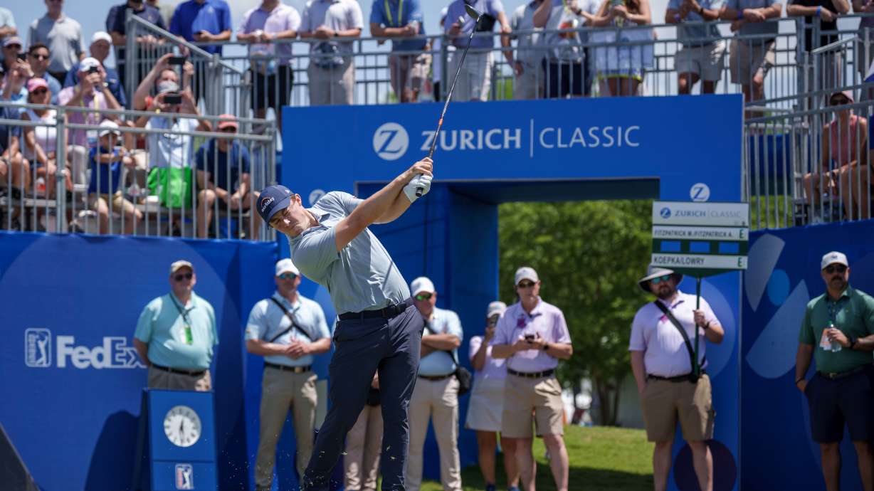 Matt Fitzpatrick, of England, tees off on the first hole during the first round of the PGA Zurich Classic golf tournament, Thursday, April 23, 2026, in Avondale, La.