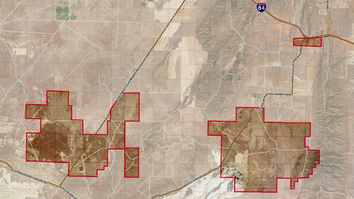 Utah and Box Elder County officials are mulling an initiative dubbed the Stratos Project, meant to spur energy production, data center development and more. The areas in red represent the potential boundaries of the project area in Box Elder County.