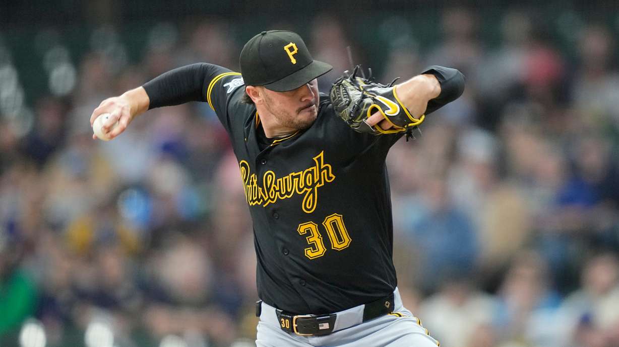 Pittsburgh Pirates pitcher Paul Skenes throws during the first inning of a baseball game against the Milwaukee Brewers, Friday, April 24, 2026, in Milwaukee.