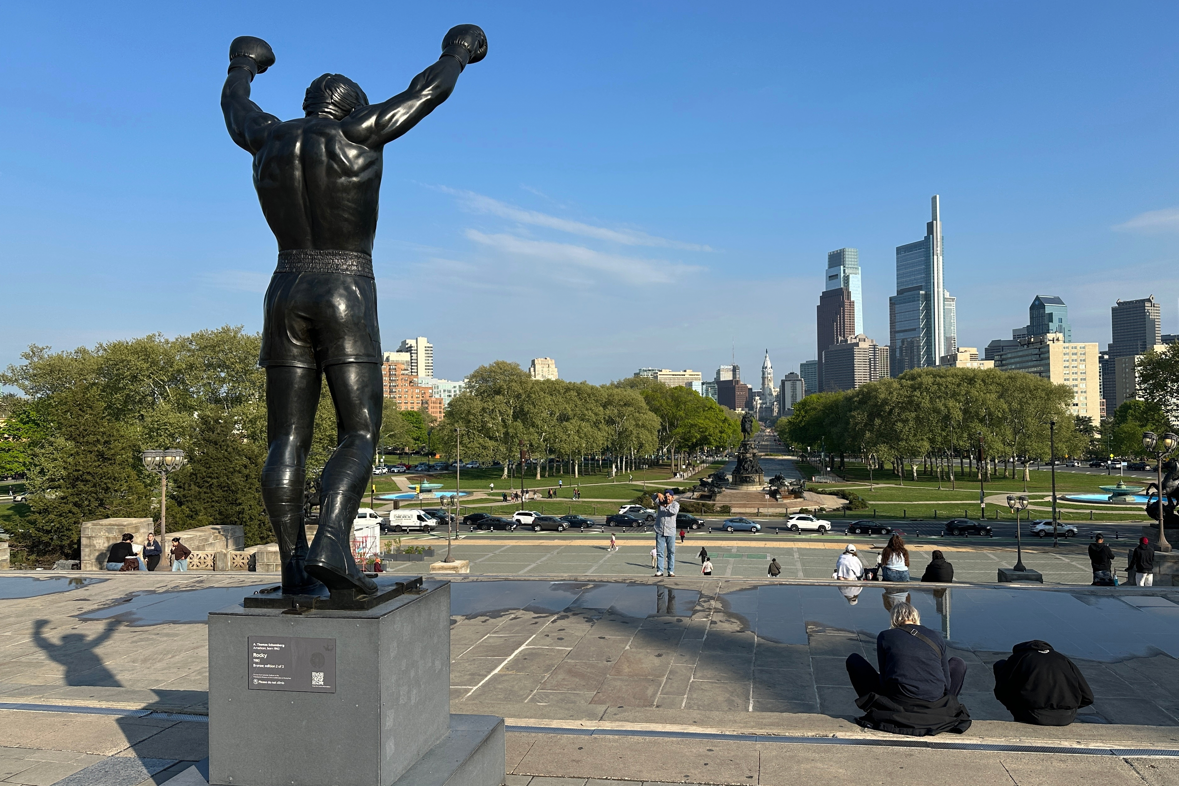 The Rocky statue overlooks the city skyline outside the Philadelphia Museum of Art in Philadelphia, Wednesday.
