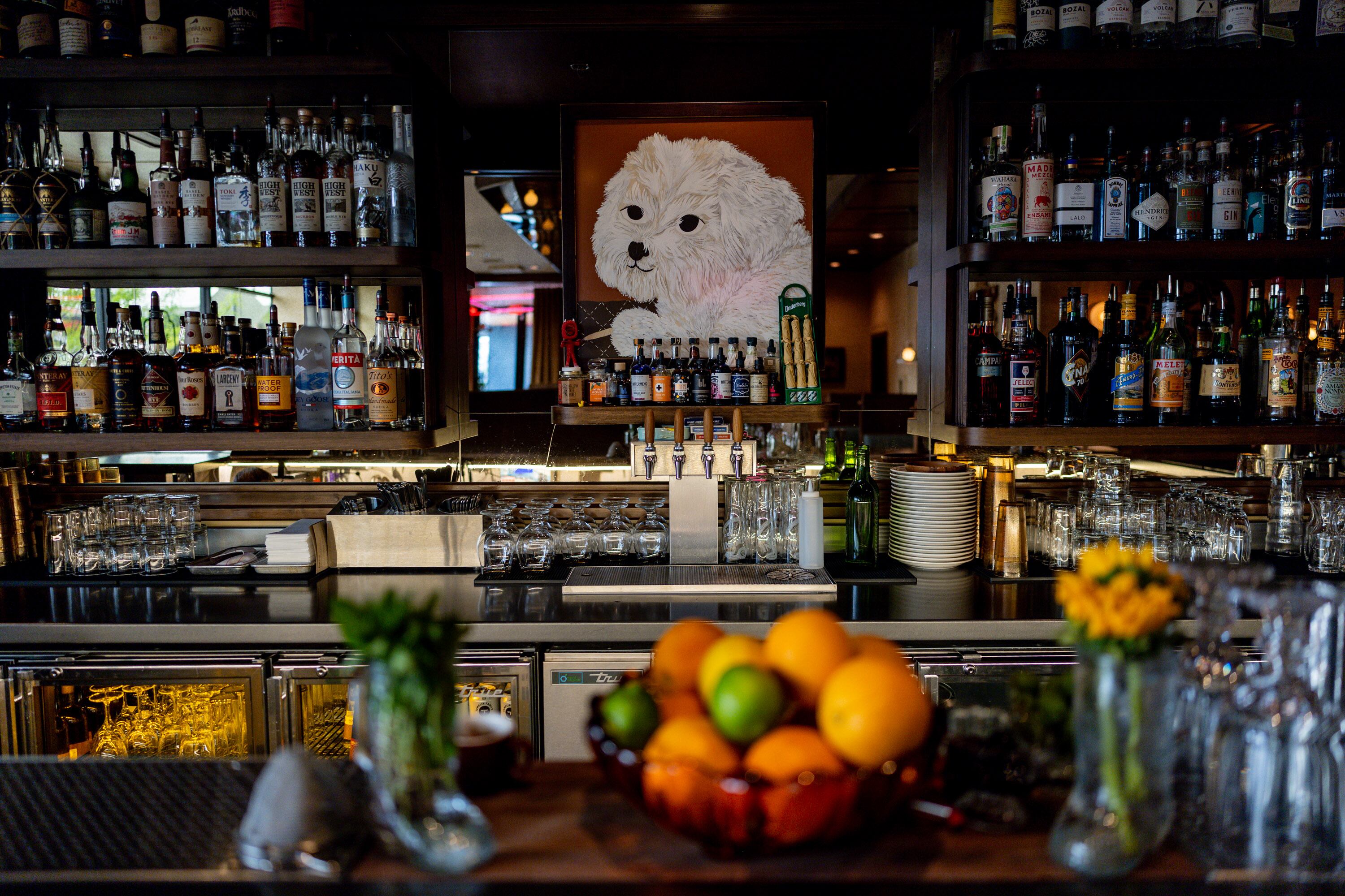 A painting of Cosmica chef and co-owner Zach Wade’s dog, Leo, hangs behind the bar at Cosmica in Salt Lake City on April 15. Wade called Leo one of his inspirations for the restaurant.