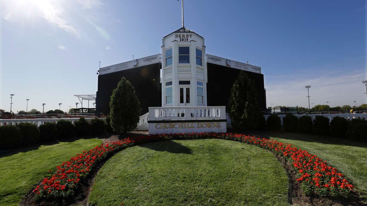 FILE - The winners circle at Churchill Downs sits empty, Wednesday, April 22, 2020, in Louisville, Ky.