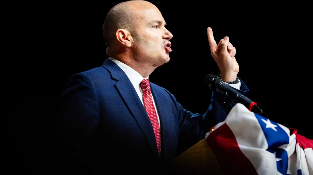Sen. Mike Lee, R-Utah, speaks during the Utah Republican Party State Nominating Convention at the UCCU Center in Orem on Saturday. Lee threatened to "nuke" the filibuster over the stalled SAVE America Act.