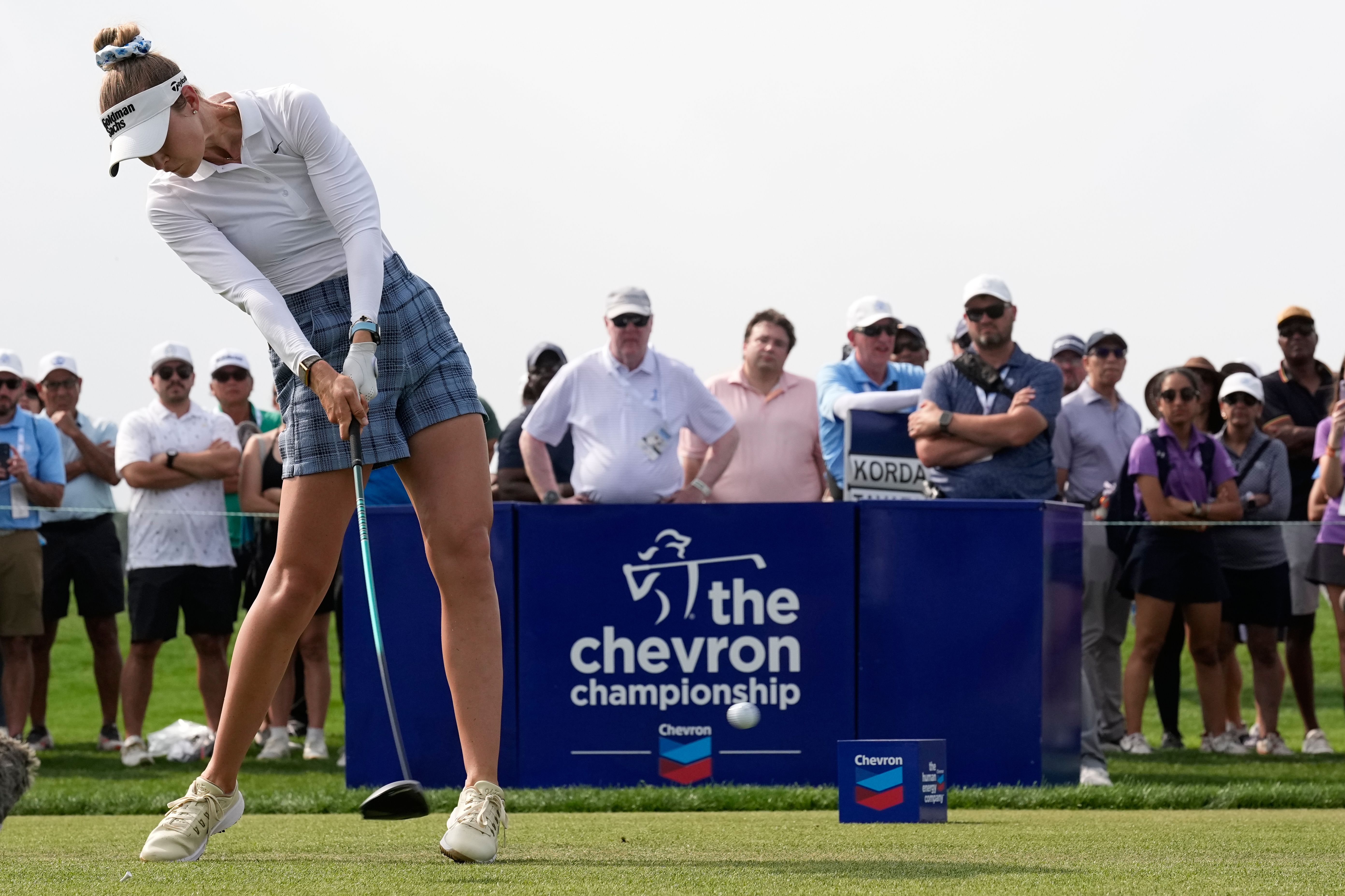 Nelly Korda hits her tee shot on the 18th hole during the third round of the Chevron Championship LPGA golf tournament Saturday, April 25, 2026, in Houston. 
