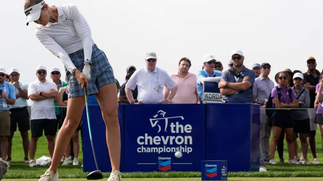 Nelly Korda hits her tee shot on the 18th hole during the third round of the Chevron Championship LPGA golf tournament Saturday, April 25, 2026, in Houston.