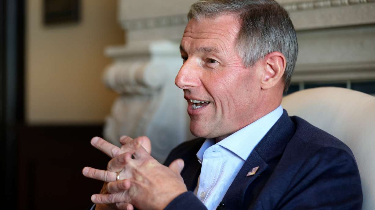 Rep. Mike Kennedy, R-Utah, speaks with members of the media at the Capitol in Salt Lake City on Nov. 3. Kennedy wants the House to follow the Senate's lead and withhold lawmakers' paychecks during federal shutdowns.