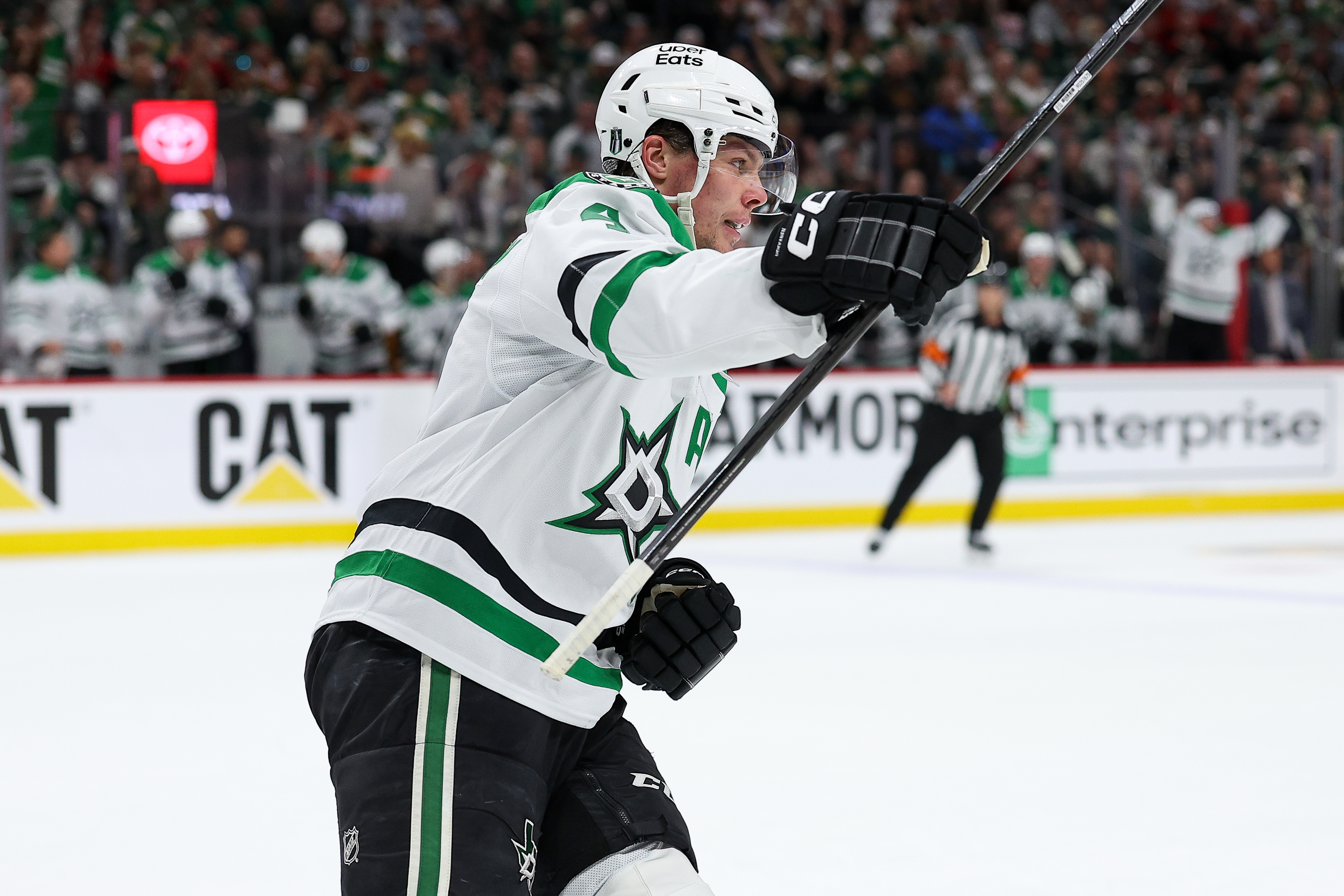 Dallas Stars defenseman Miro Heiskanen celebrates after his goal against the Minnesota Wild during the second period of Game 4 in the first round of the NHL Stanley Cup hockey playoffs Saturday, April 25, 2026, in St. Paul, Minn. 