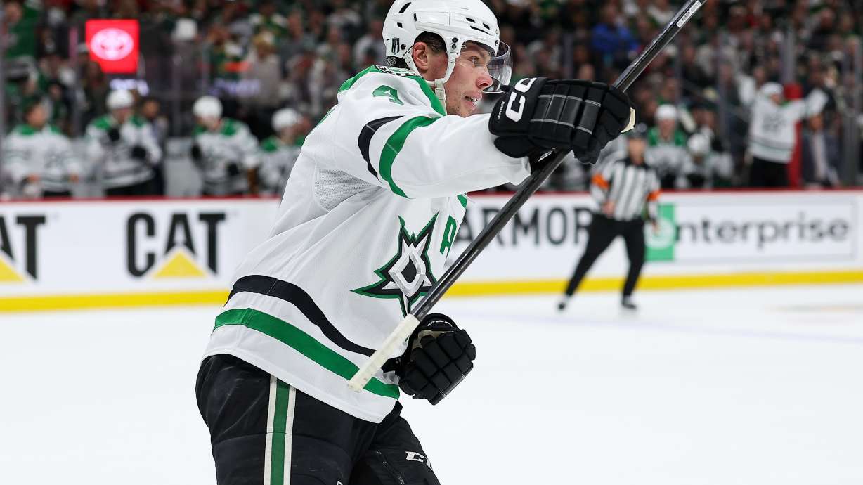 Dallas Stars defenseman Miro Heiskanen celebrates after his goal against the Minnesota Wild during the second period of Game 4 in the first round of the NHL Stanley Cup hockey playoffs Saturday, April 25, 2026, in St. Paul, Minn.