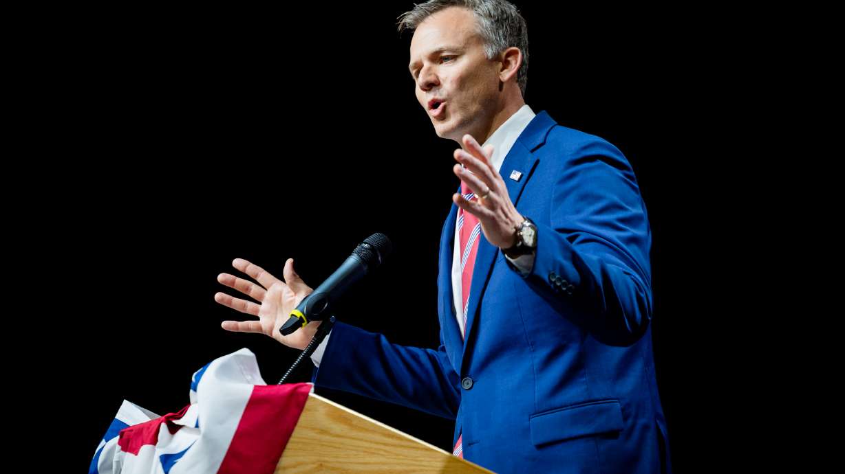 Rep. Blake Moore speaks as candidate for the 2nd Congressional District during the Utah Republican Party State Nominating Convention at the UCCU Center in Orem on Saturday.