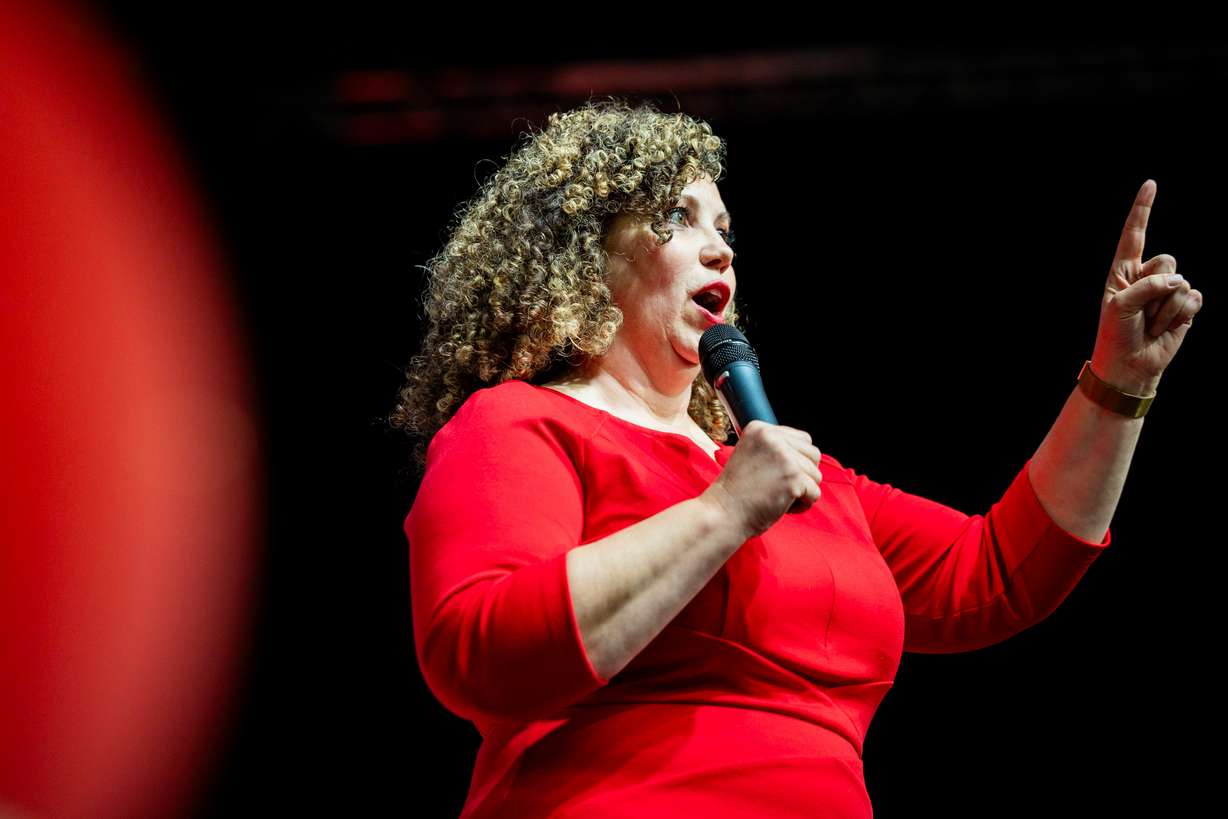 Rep. Celeste Maloy, candidate for Congressional District 3, delivers a second speech before a second round of voting during the Utah Republican Party State Nominating Convention at the UCCU Center in Orem on Saturday.