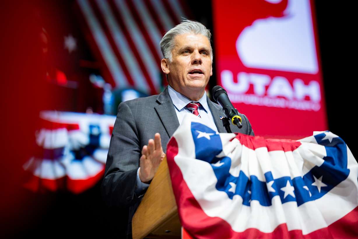 Phil Lyman, candidate for Congressional District 3, delivers a second speech before a second round of voting during the Utah Republican Party State Nominating Convention at the UCCU Center in Orem on Saturday.