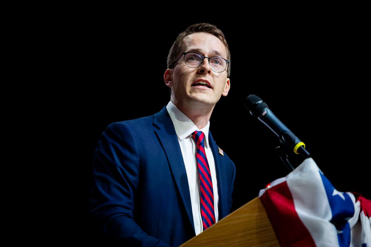 Riley Owen at the Utah Republican Party State Nominating Convention at the UCCU Center in Orem on April 25.