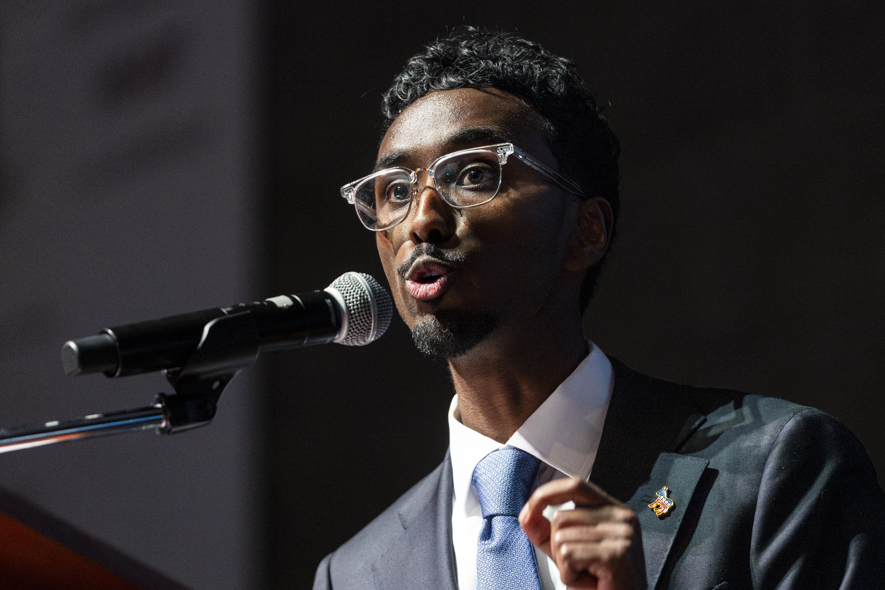 Liban Mohamed, a candidate for Utah's 1st Congressional District, speaks during the Utah Democratic Party State Convention held at Jordan High School in Sandy on Saturday.