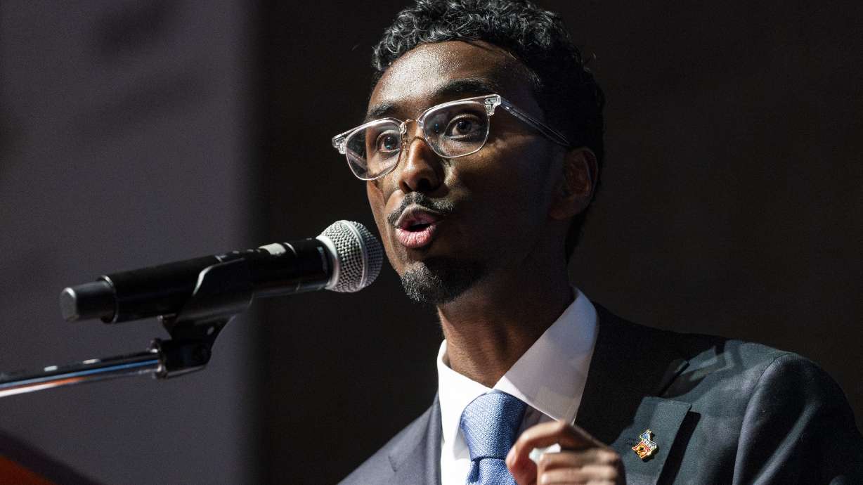 Liban Mohamed, a candidate for Utah's 1st Congressional District, speaks during the Utah Democratic Party State Convention held at Jordan High School in Sandy on Saturday.