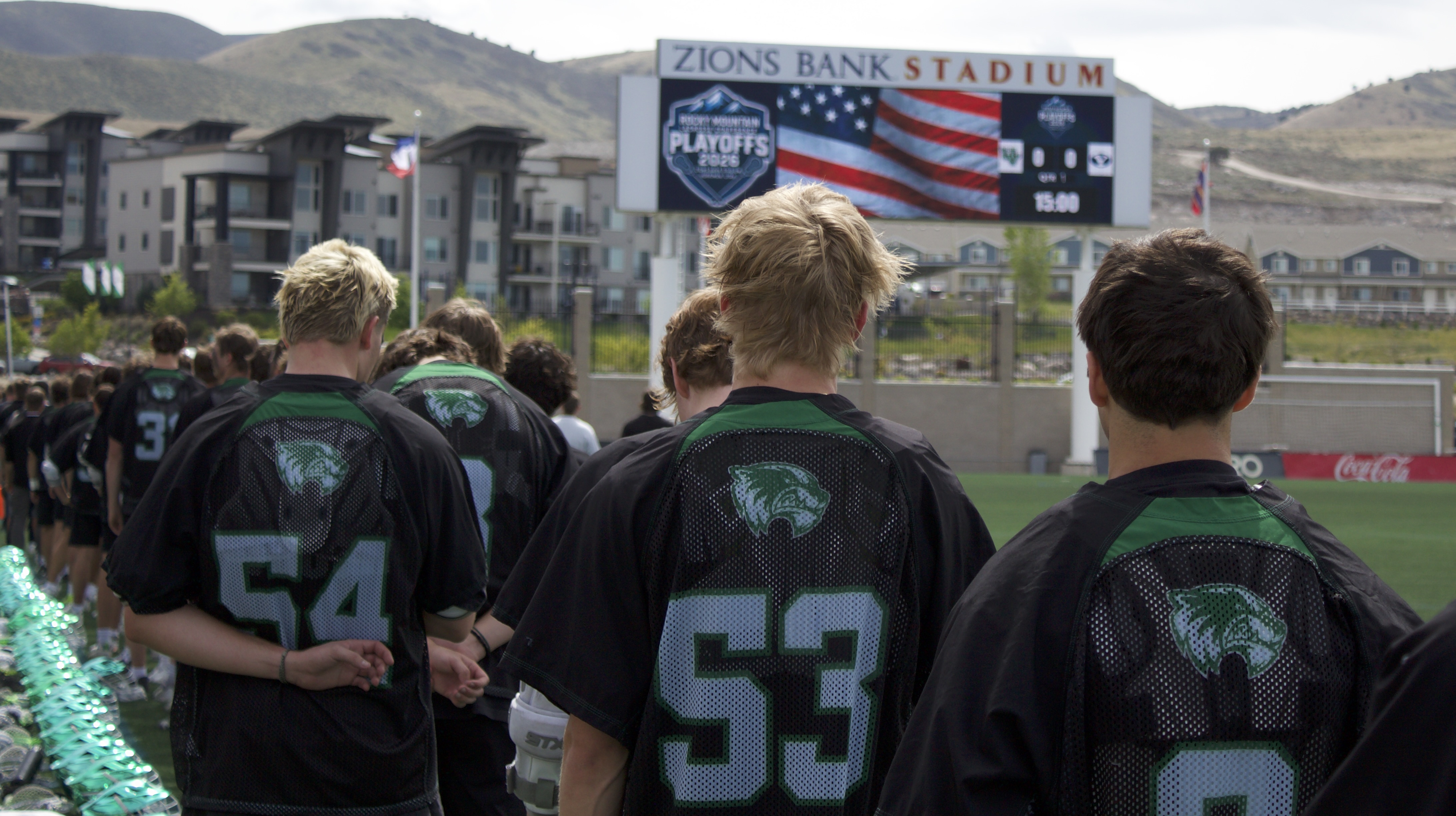 UVU attack Jackson "Boo" Rehrer with his teammates before the Rocky Mountain Lacrosse Conference tournament championship against No. 2 BYU, Saturday, April 25, 2026 at Zions Bank Stadium in Herriman, Utah.