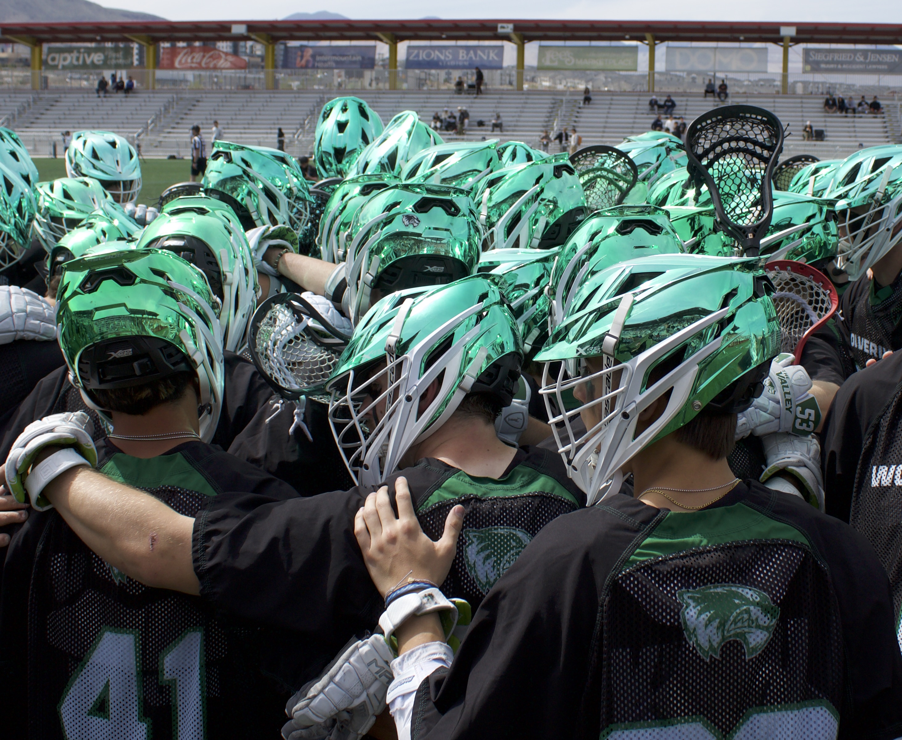 Utah Valley men's lacrosse huddles up before the Rocky Mountain Lacrosse Conference tournament championship against No. 2 BYU, Saturday, April 25, 2026 at Zions Bank Stadium in Herriman, Utah.