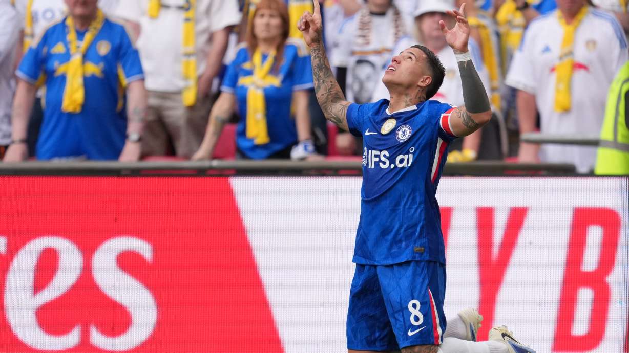 Chelsea's Enzo Fernandez celebrates after scoring during the FA Cup semifinal soccer match between Chelsea and Leeds in London, England, Sunday, April 26, 2026.