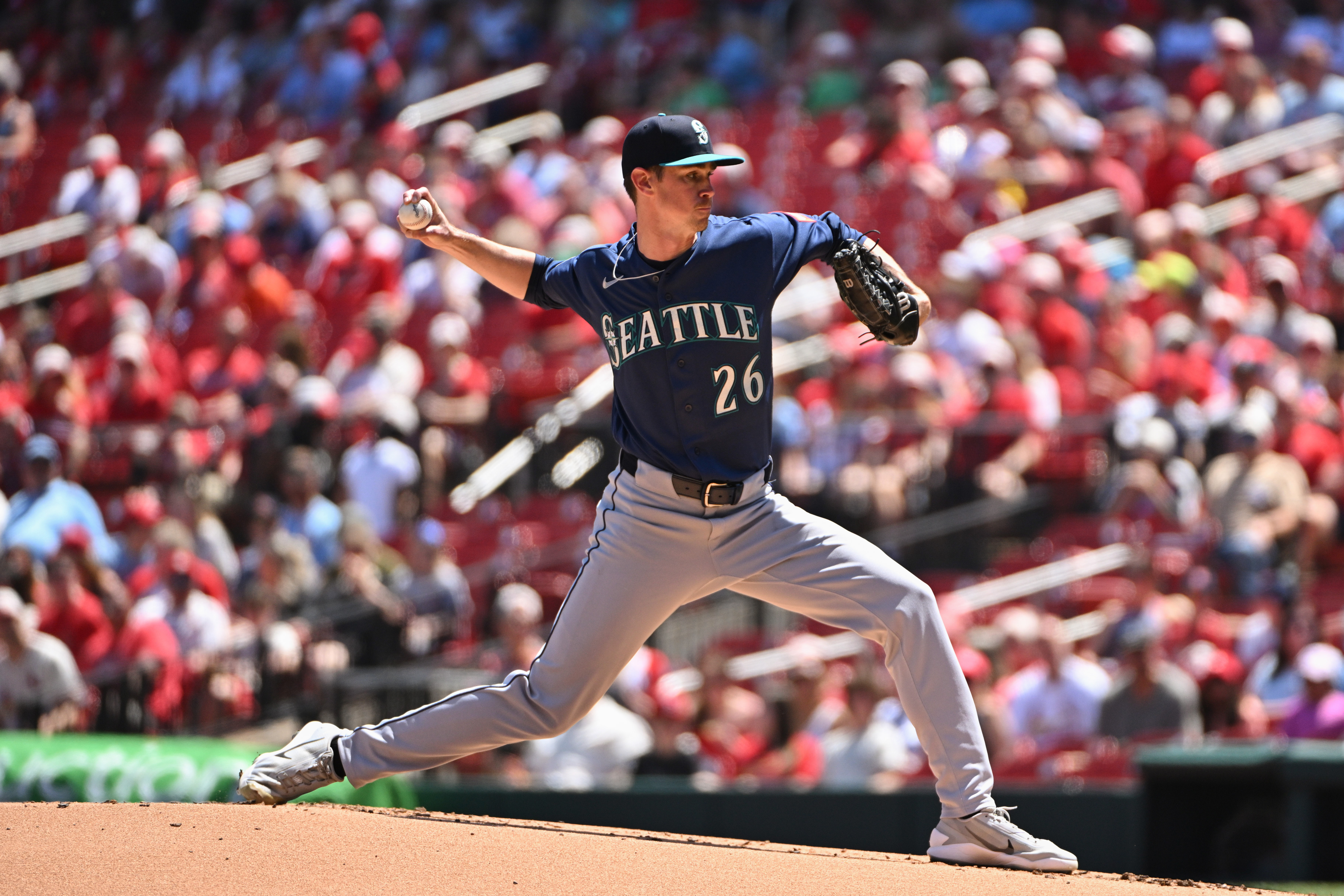 Seattle Mariners pitcher Emerson Hancock delivers against the St. Louis Cardinals during the first inning of a baseball game, Sunday, April 26, 2026, in St. Louis. 