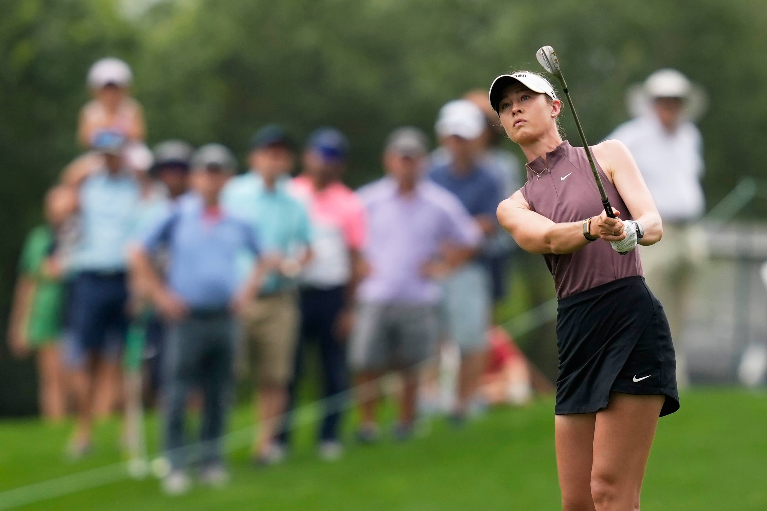 Nelly Korda hits from the fairway on the eighth hole during the final round of the Chevron Championship LPGA golf tournament Sunday, April 26, 2026, in Houston. 