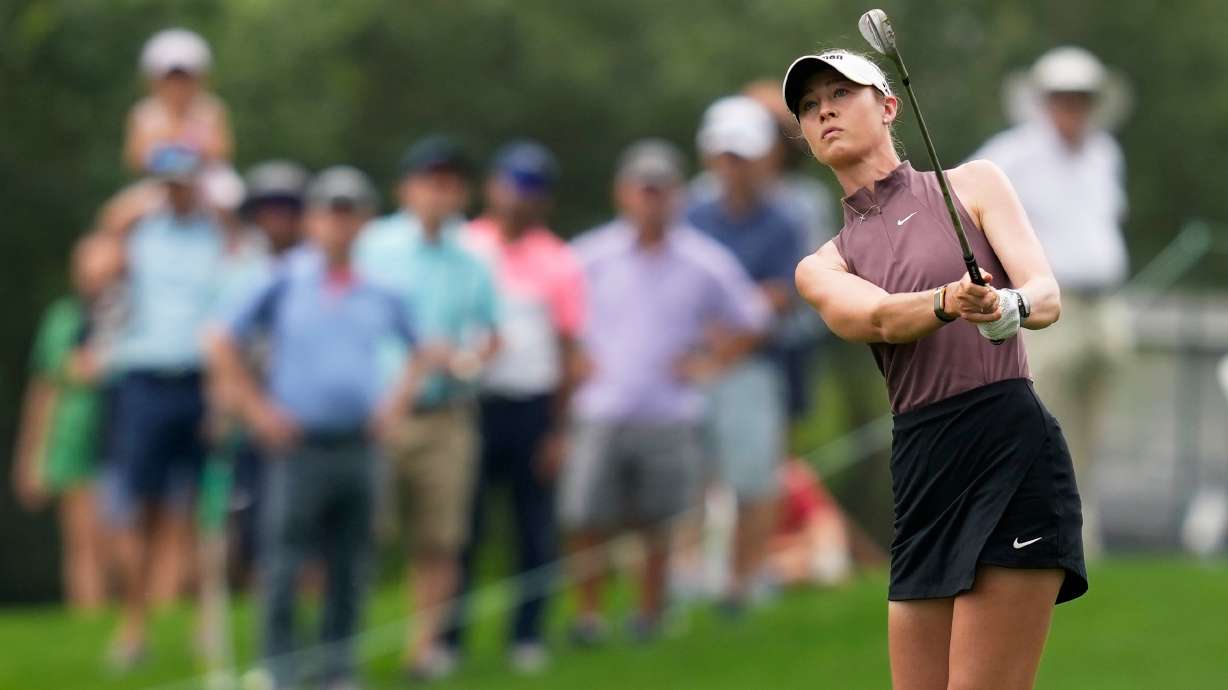 Nelly Korda hits from the fairway on the eighth hole during the final round of the Chevron Championship LPGA golf tournament Sunday, April 26, 2026, in Houston.