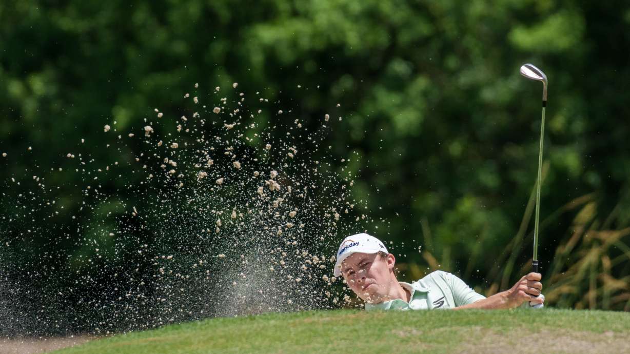 Matt Fitzpatrick, of England, hits from a bunker on the second hole during the final round of the PGA Zurich Classic of New Orleans golf tournament, Sunday, April 26, 2026, in Avondale, La.