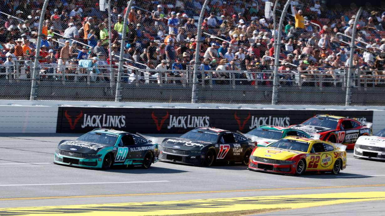 Ryan Preece (60) wins the first stage of a NASCAR Cup Series auto race, Sunday, April 26, 2026, in Talladega, Ala.