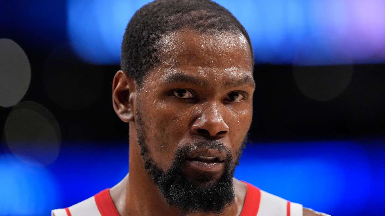 Houston Rockets forward Kevin Durant stands on the court during the second half in Game 2 of a first-round NBA playoffs basketball series against the Los Angeles Lakers, Tuesday, April 21, 2026, in Los Angeles.