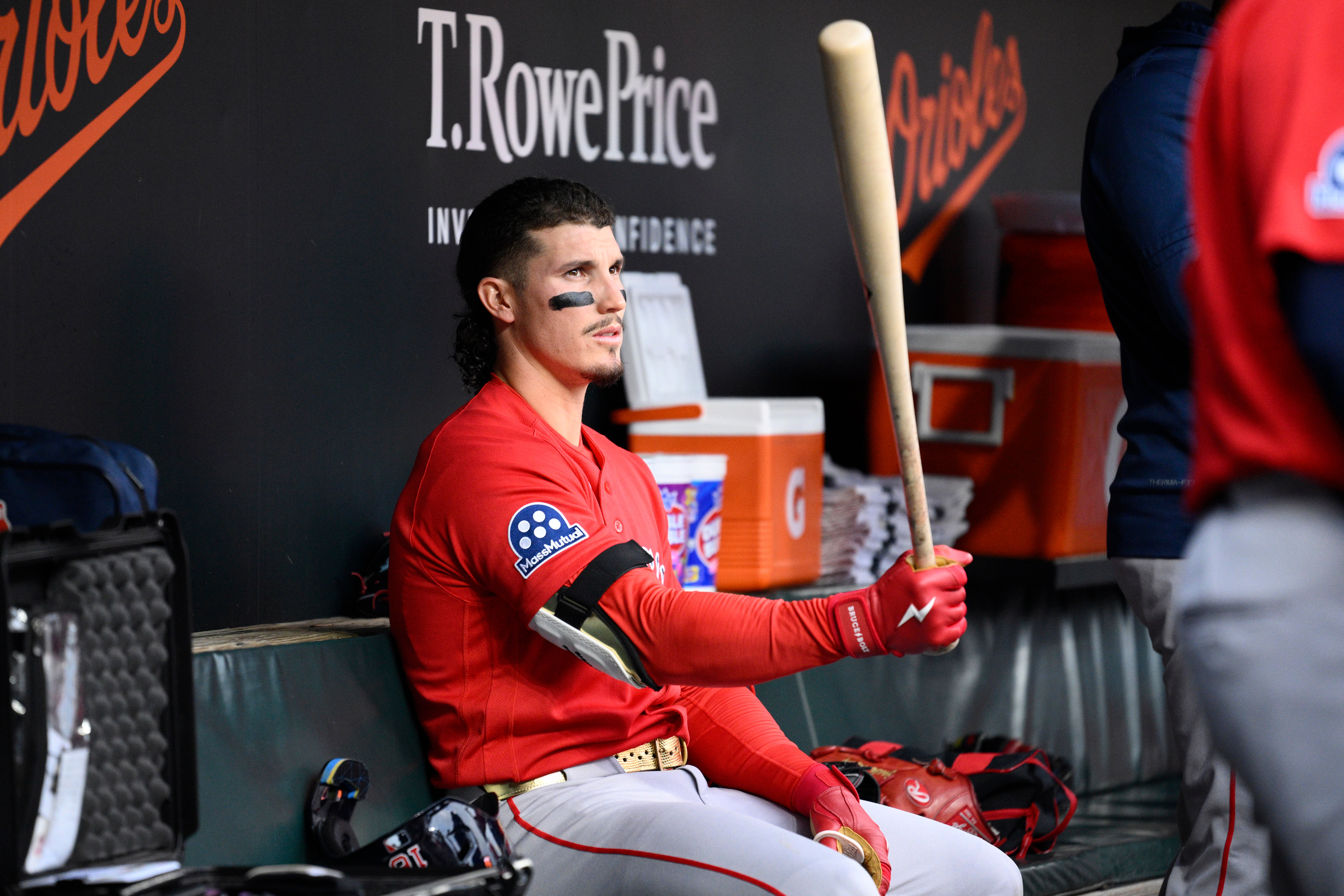 Boston Red Sox left fielder Jarren Duran sits in the dugout before a baseball game against the Baltimore Orioles, Friday, April 24, 2026, in Baltimore.
