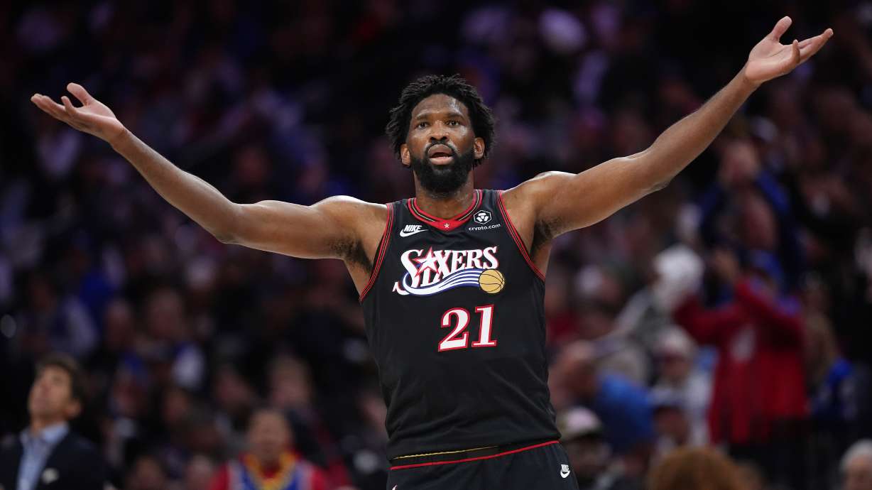 Philadelphia 76ers' Joel Embiid reacts during the first half of Game 4 against the Boston Celtics in a first-round NBA basketball playoffs series Sunday, April 26, 2026, in Philadelphia.
