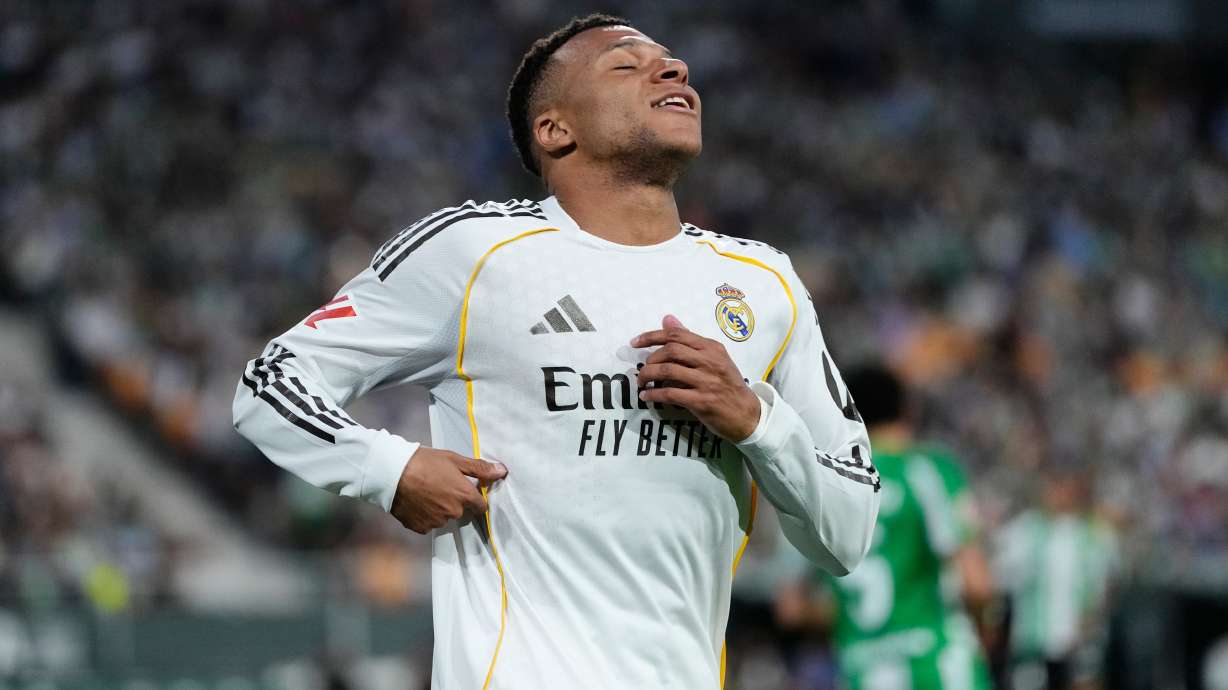 Real Madrid's Kylian Mbappe reacts during a La Liga soccer match between Real Betis and Real Madrid in Seville, Spain, Friday, April 24, 2026.