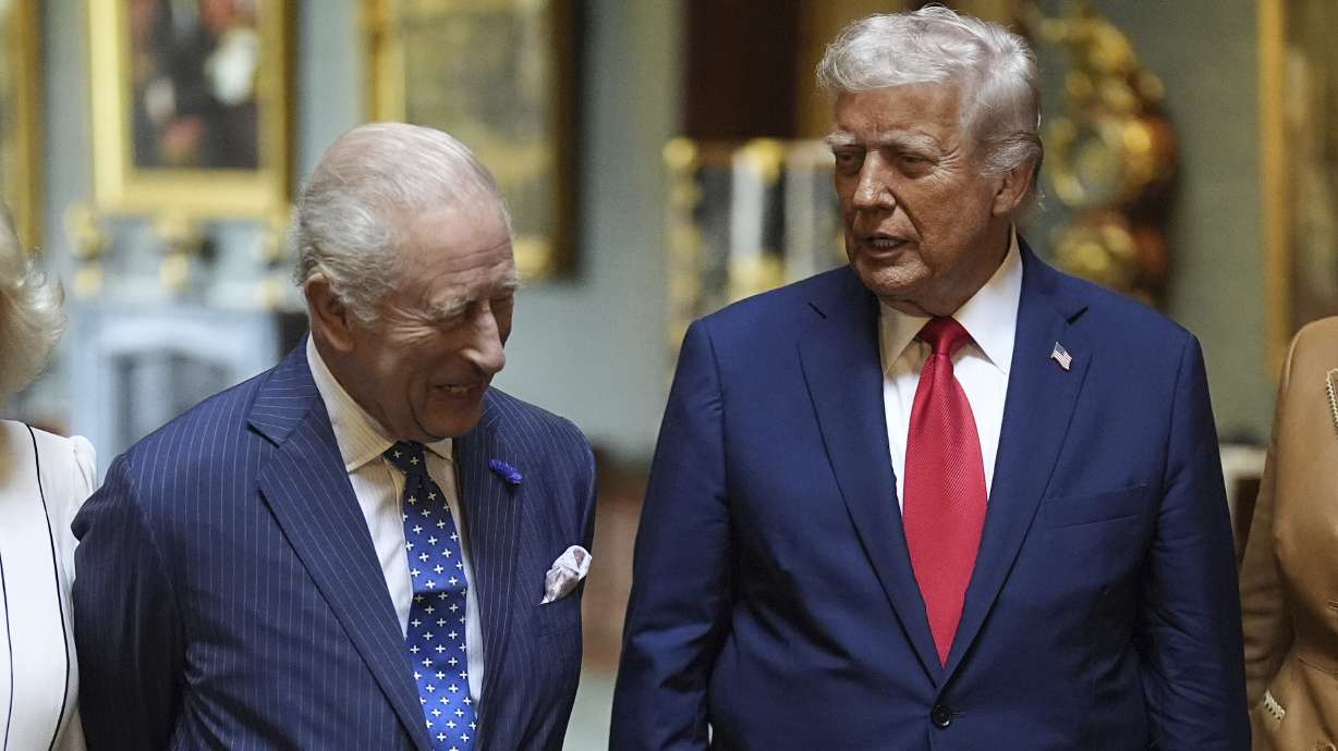 Britain's King Charles III, left, with President Donald Trump at Windsor Castle, Windsor, England, Sept. 18, 2025.
