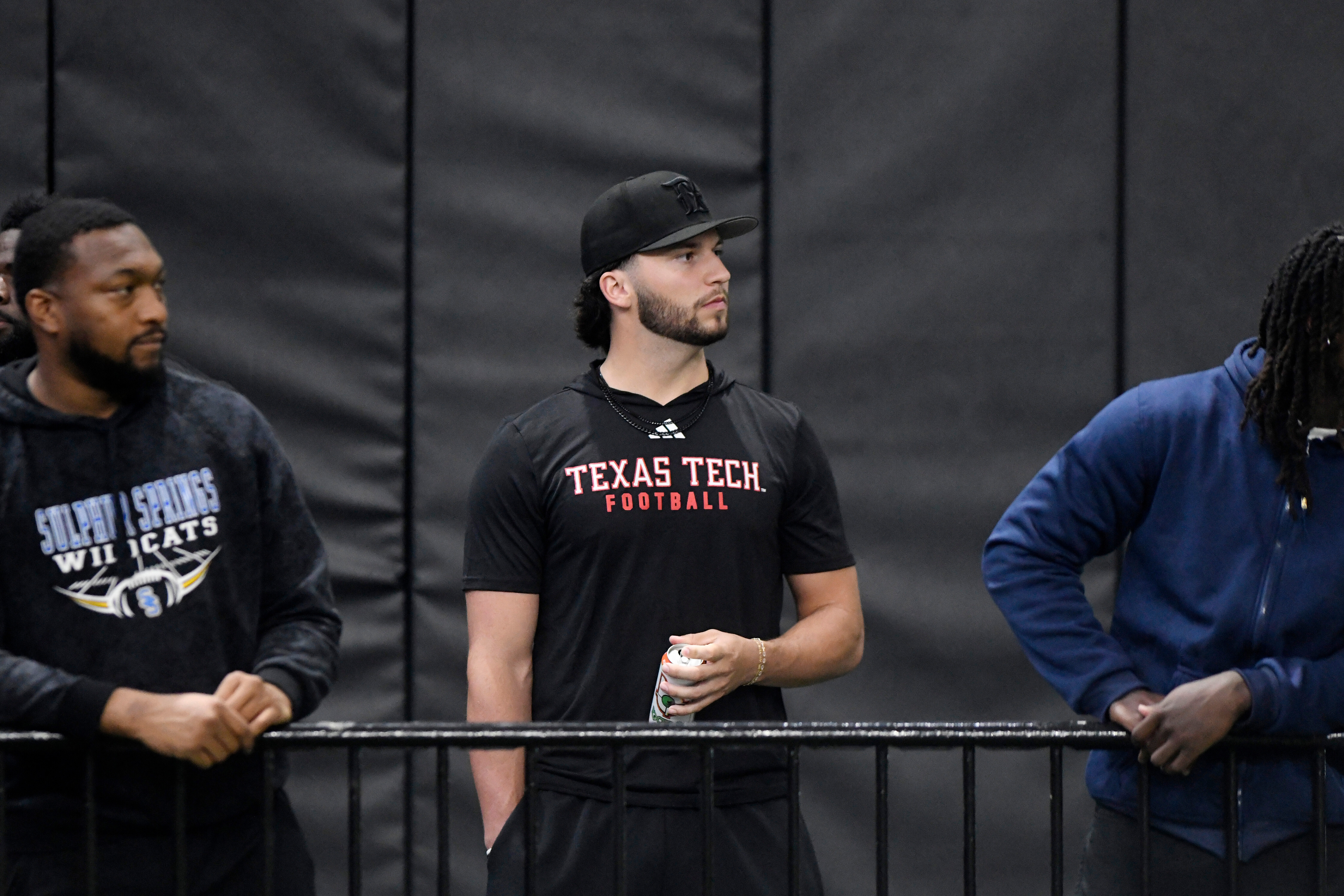FILE - Texas Tech quarterback Brendan Sorsby watches the school's NFL football pro day, March 26, 2026, in Lubbock, Texas.