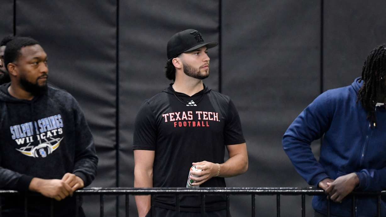 FILE - Texas Tech quarterback Brendan Sorsby watches the school's NFL football pro day, March 26, 2026, in Lubbock, Texas.