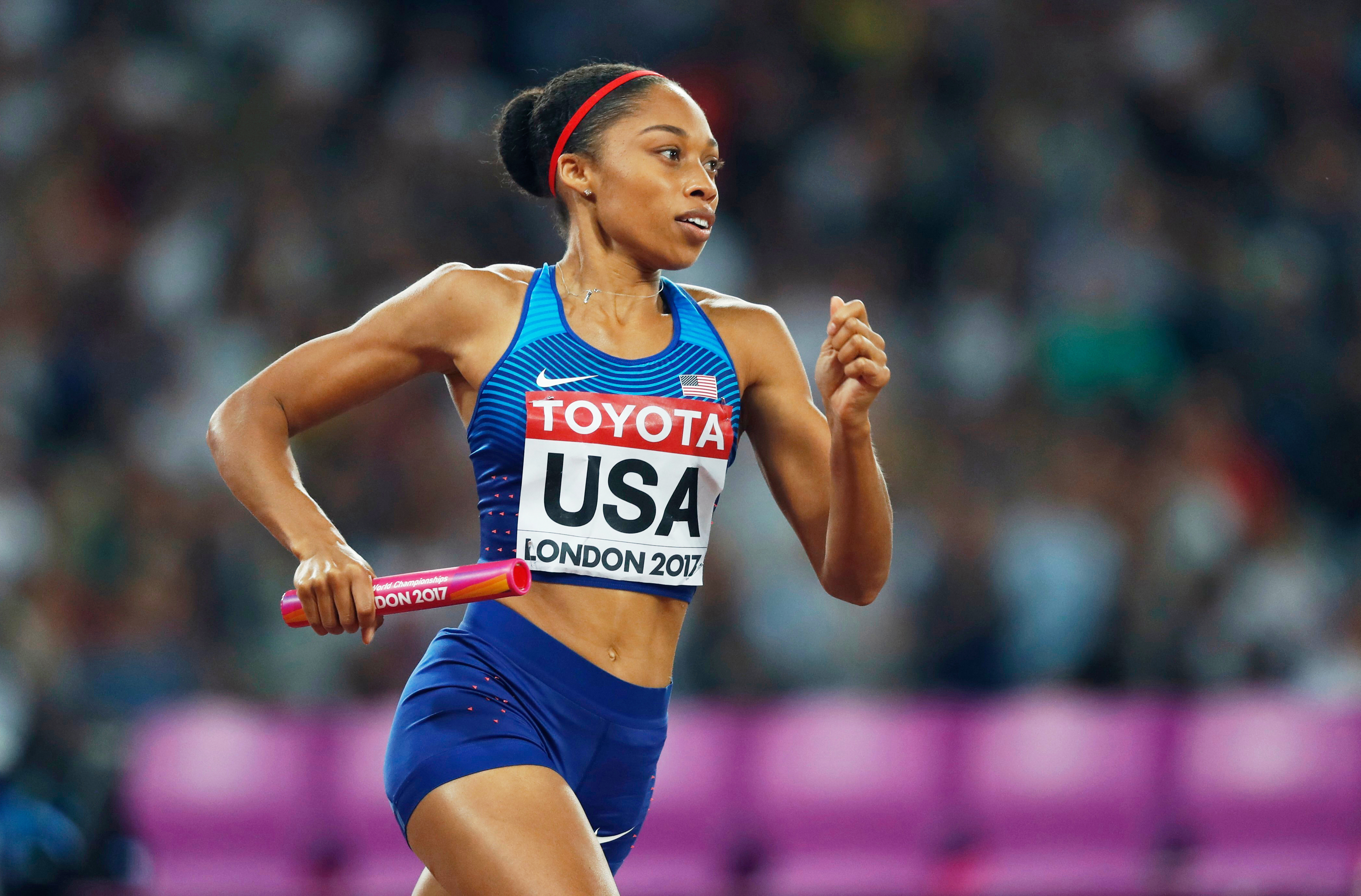 FILE - United States' Allyson Felix competes in the women's 4x400-meter final during the World Athletics Championships in London on Aug. 13, 2017.