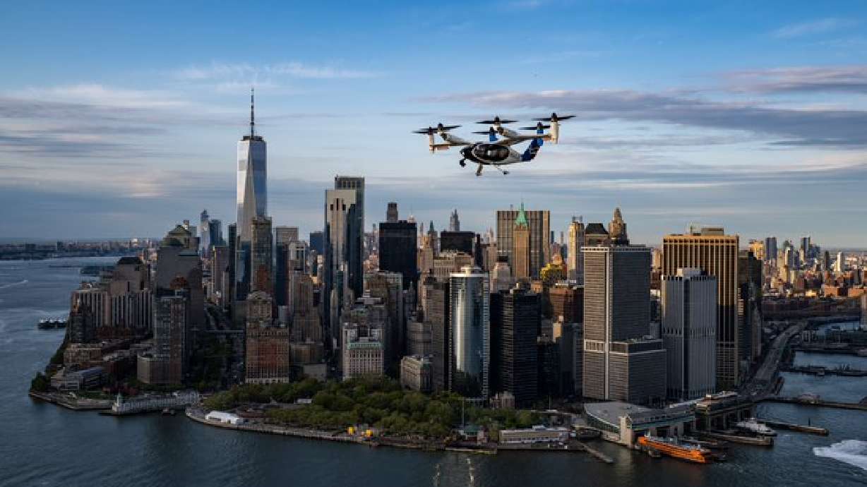 Joby's electric air taxi flies over New York City during a 10-day flight campaign celebrating the FAA's eVTOL Integration Pilot Program, showcasing quiet, zero-emission air travel across the city, including flights to JFK.