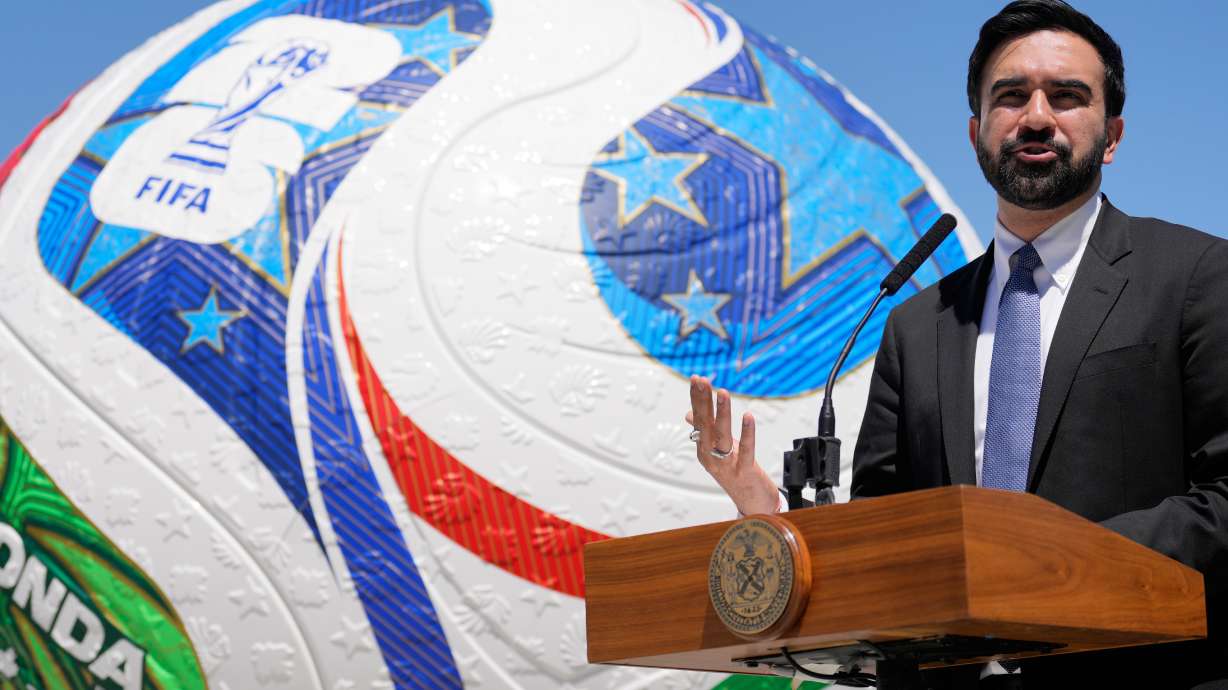New York City Mayor Zohran Mamdani speaks in front of a large soccer ball during a news conference in the Staten Island borough of New York, Monday, April 27, 2026.