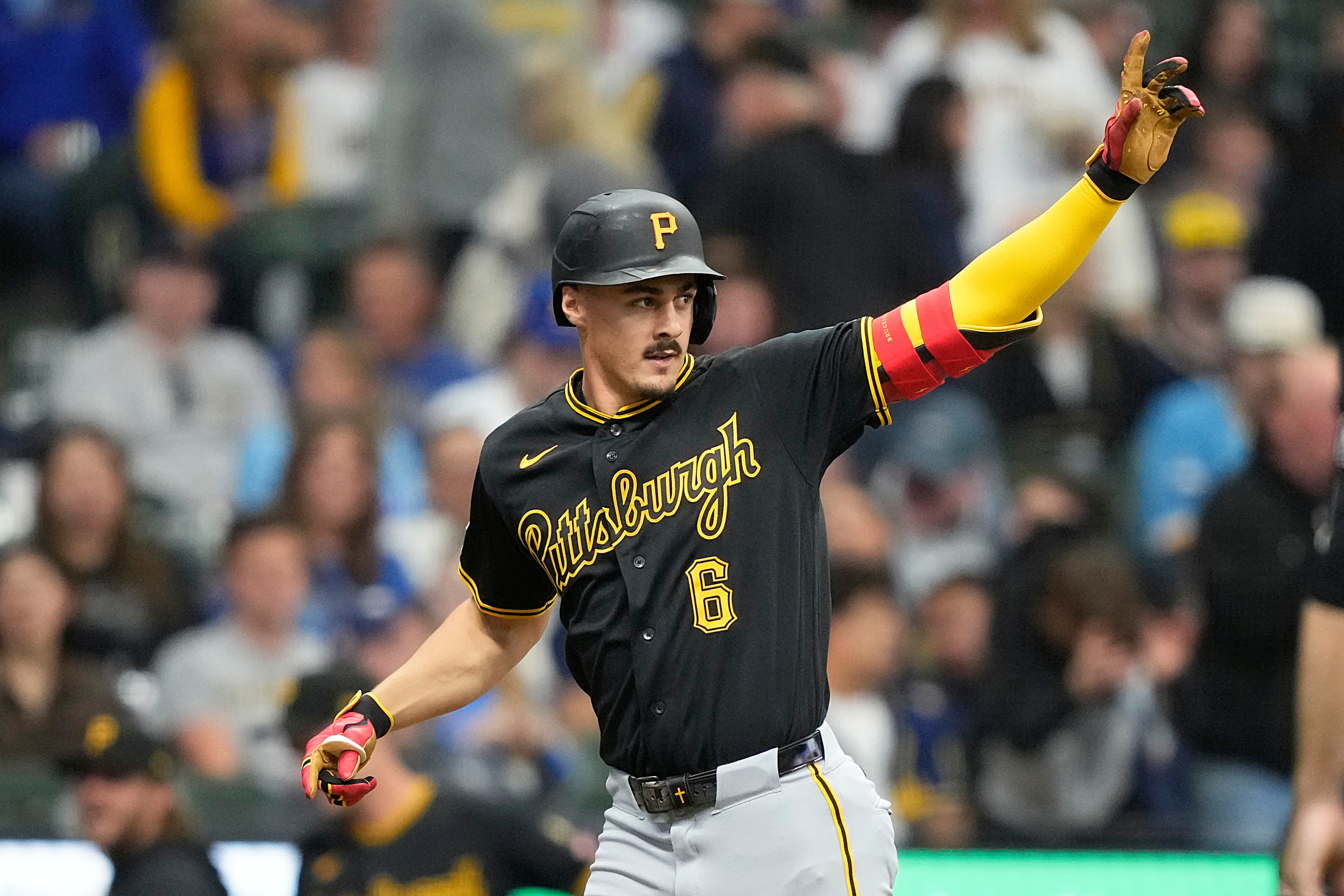 Pittsburgh Pirates' Konnor Griffin reacts after hitting his first major league home run during the third inning of a baseball game against the Milwaukee Brewers, Friday, April 24, 2026, in Milwaukee. 