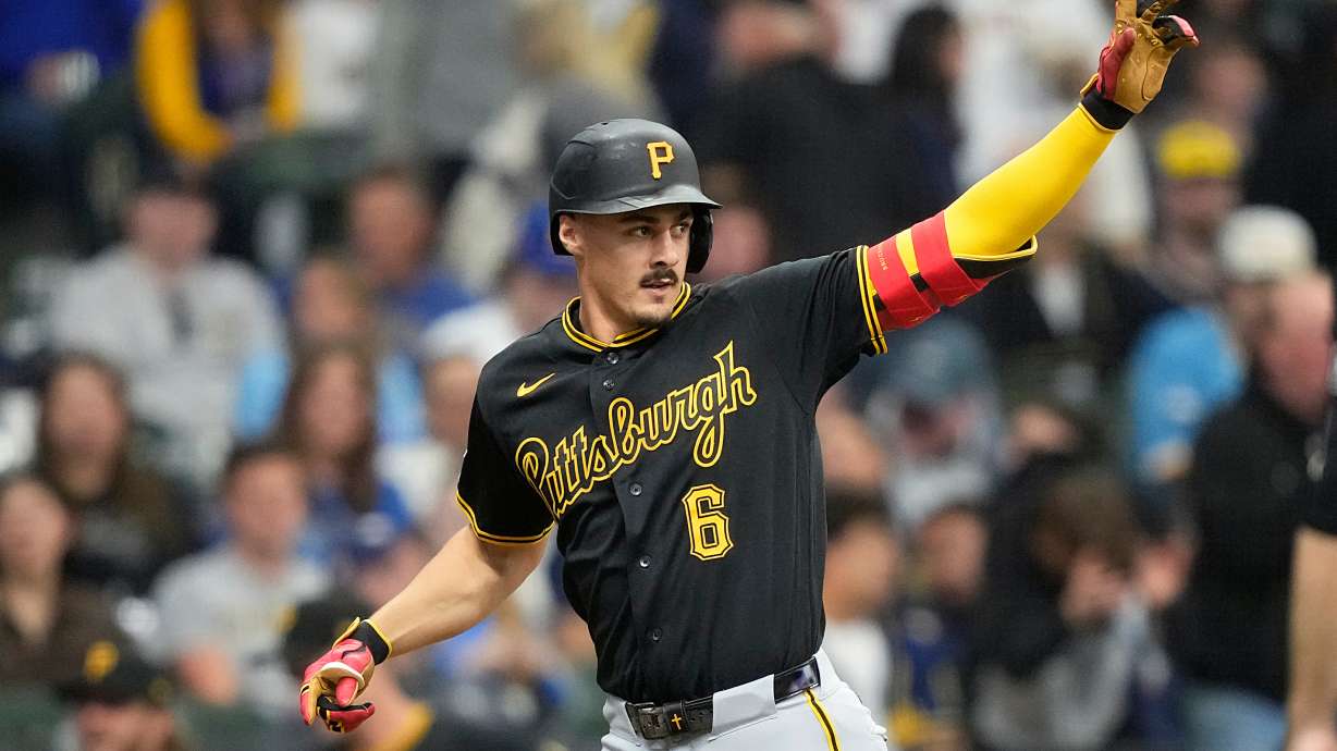 Pittsburgh Pirates' Konnor Griffin reacts after hitting his first major league home run during the third inning of a baseball game against the Milwaukee Brewers, Friday, April 24, 2026, in Milwaukee.