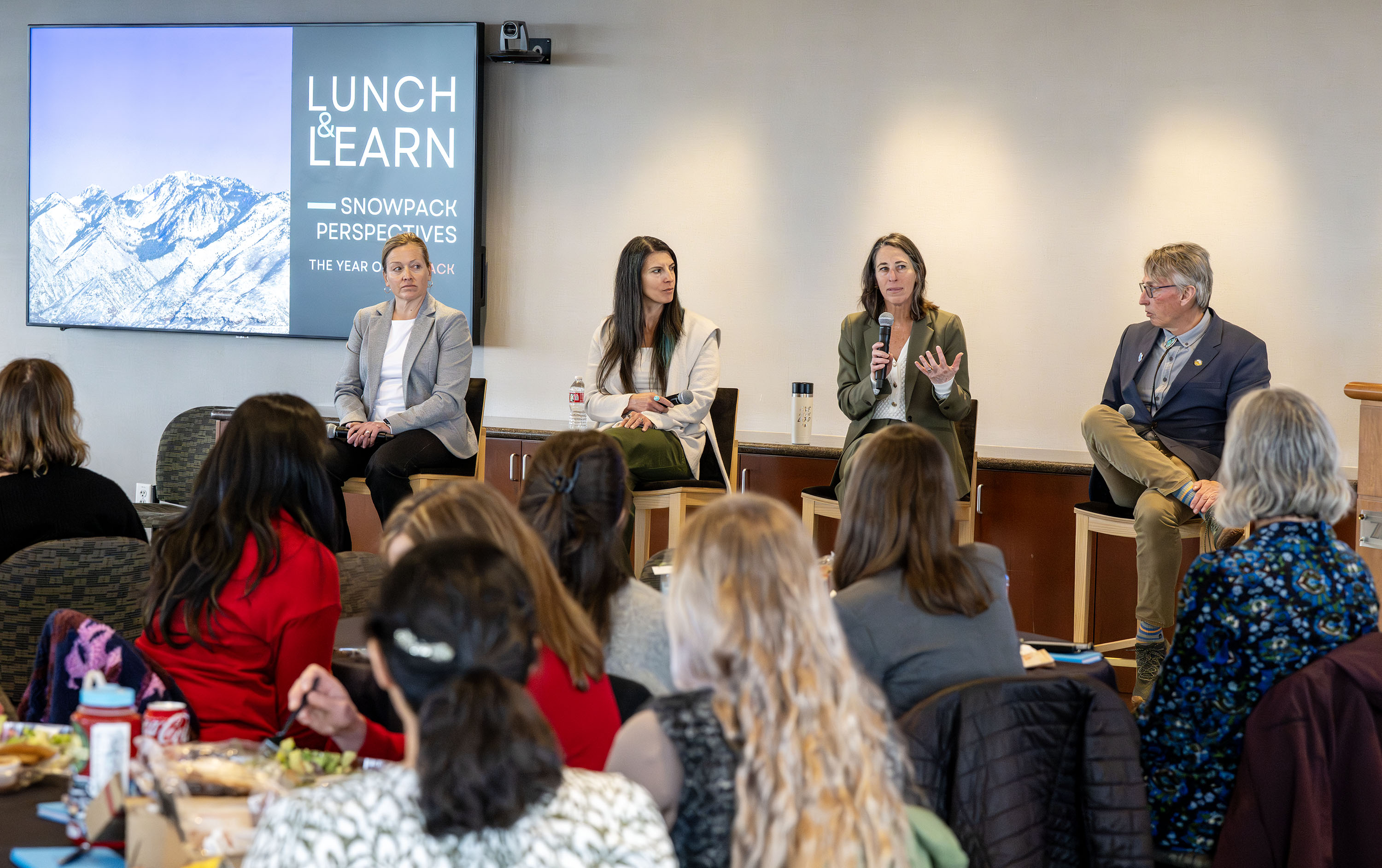 Laura Briefer, Bethany Neilson, Hilary Arens and Chris Robinson discuss Utah's water situation at a meeting with the Great Salt Lake Alliance in Salt Lake City on Monday.