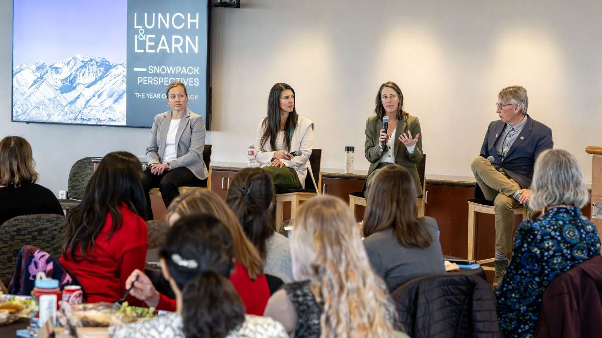 Laura Briefer, Bethany Neilson, Hilary Arens, and Chris Robinson at a panel discussion about the current water situation and what may be coming to Utah at a meeting with the Great Salt Lake Alliance in Salt Lake City on Monday.