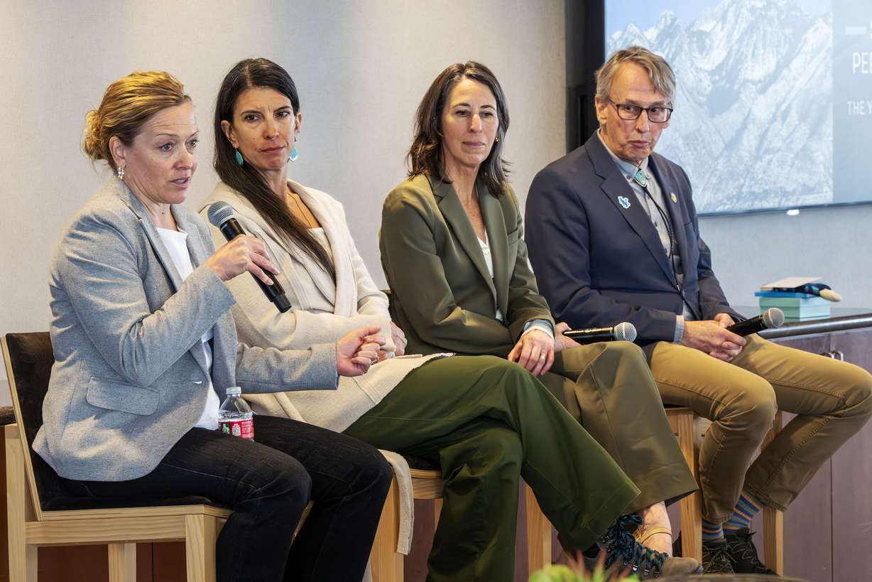 Bethany Neilson, director of the Utah Water Research Laboratory at Utah State University, speaks as she joins Hilary Arens, director of sustainability and water resources at Snowbird Resort, Laura Briefer, director of the Salt Lake City Department of Public Utilities, and Chris Robinson, CEO and co-owner of the Ensign Group, in a panel discussion about the water situation currently and what may be coming to Utah at a Lunch & Learn meeting withe the Great Salt Lake Alliance in Salt Lake City on Monday.