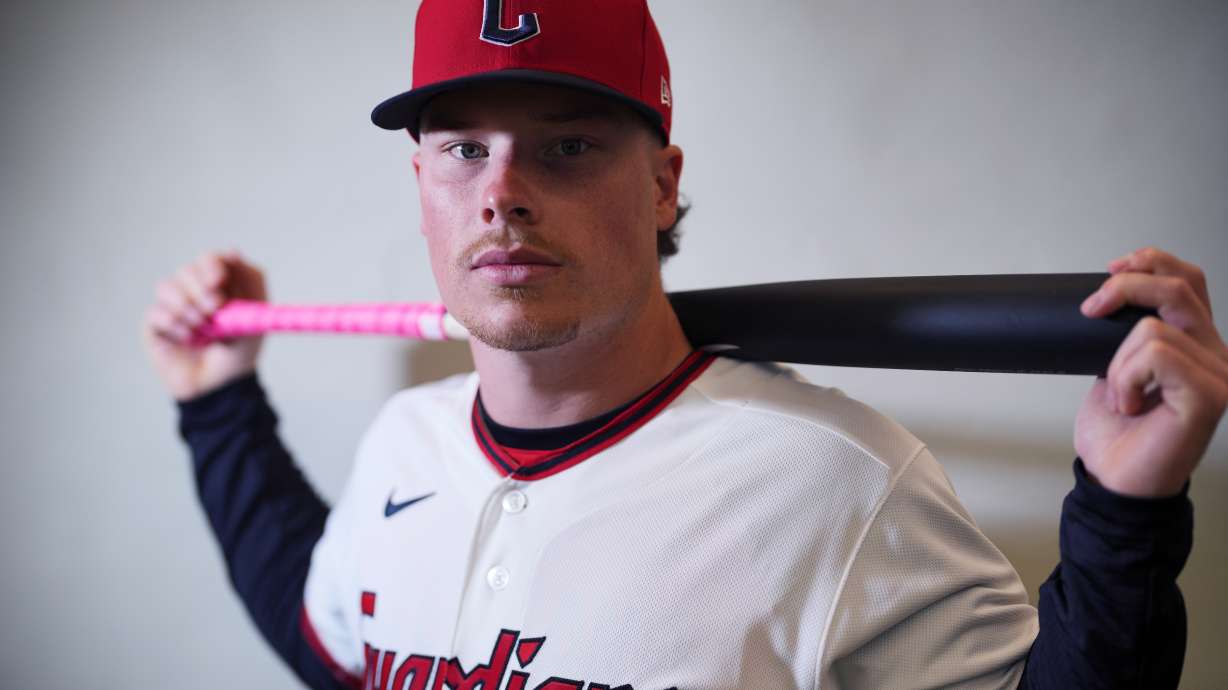 FILE - This is a 2026 photo of Travis Bazzana of the Cleveland Guardians MLB baseball team taken Wednesday, Feb. 18, 2026, in Goodyear, Ariz.