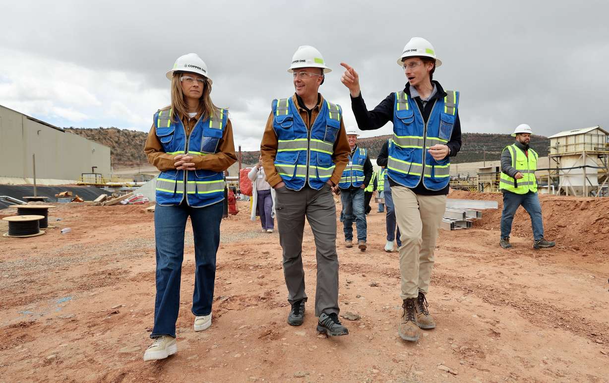 First lady Abby Cox, Gov. Spencer Cox and Mariana Minerals CEO Turner Caldwell take a tour at an event to mark the reopening of Mariana Minerals’ Copper One mine in San Juan County on Monday. The mine will use autonomous tools for mining, refining and capital project execution.