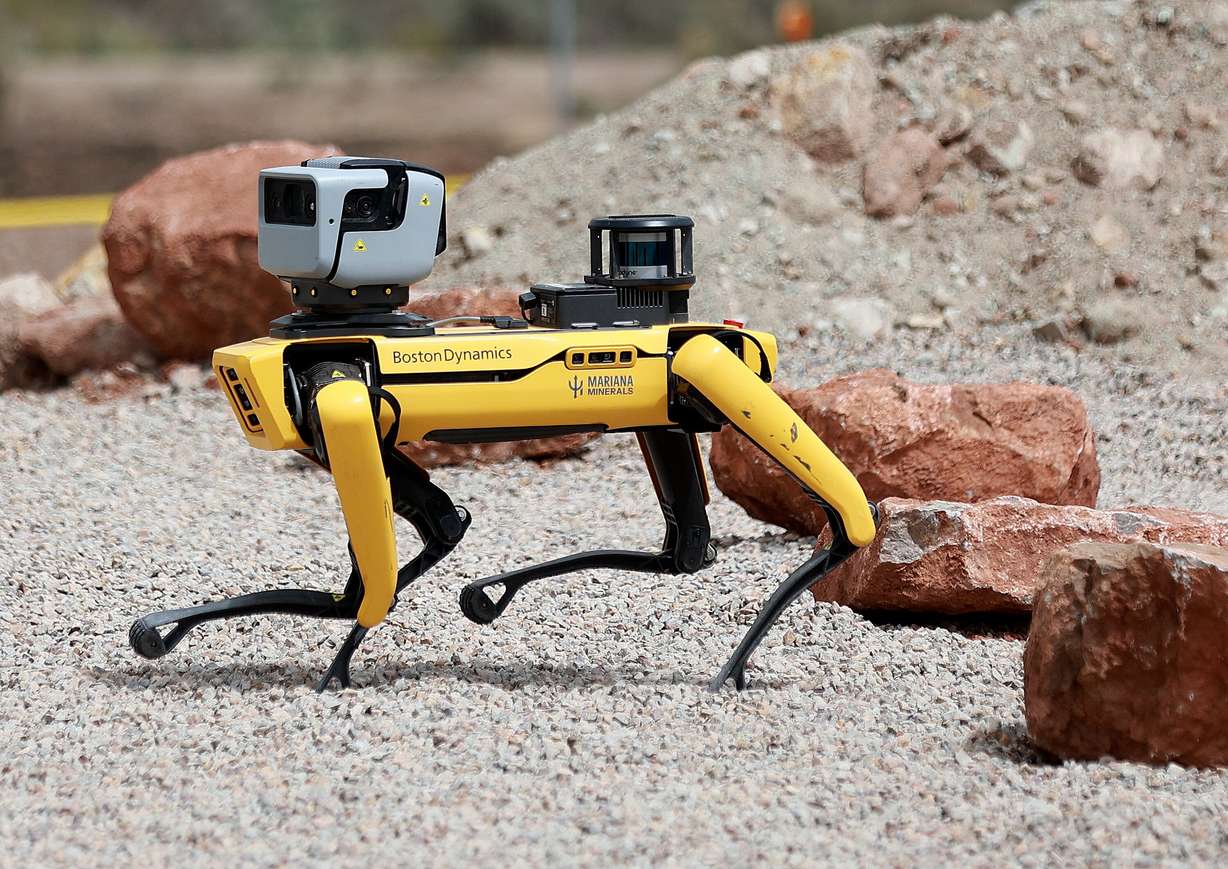 A Boston Dynamics Spot robot patrols Copper One mine in San Juan County on Monday. The mine will use autonomous tools for mining, refining and capital project execution.