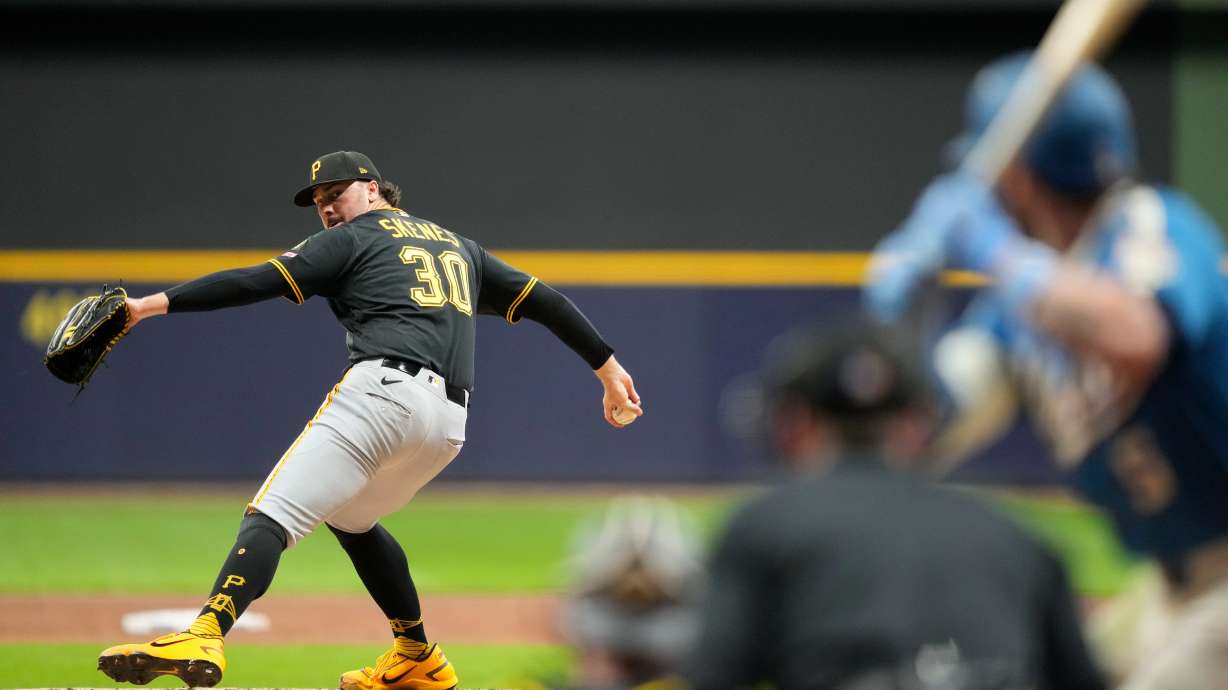 Pittsburgh Pirates pitcher Paul Skenes (30) throws during the fifth inning of a baseball game against the Milwaukee Brewers, Friday, April 24, 2026, in Milwaukee.
