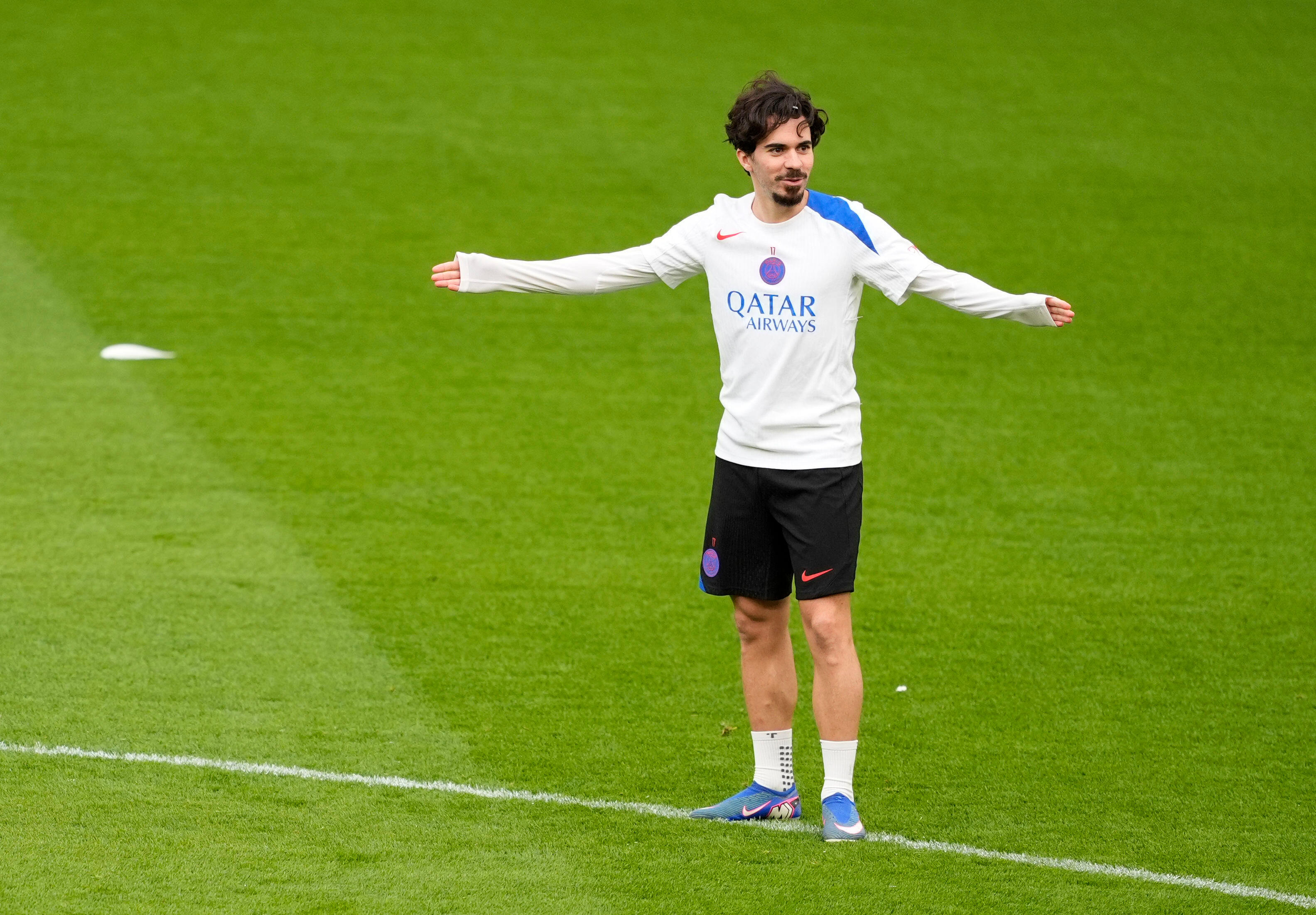 Paris Saint-Germain's Vitinha during a training sessionin Liverpool, England, Monday April 13, 2026, one day ahead of their Champions League soccer match against Liverpool. 