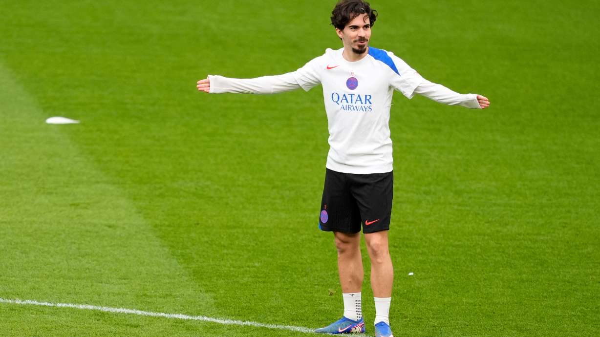Paris Saint-Germain's Vitinha during a training sessionin Liverpool, England, Monday April 13, 2026, one day ahead of their Champions League soccer match against Liverpool.